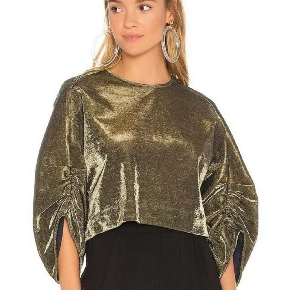 Tibi Ruched Sleeve Metallic Cropped Top
